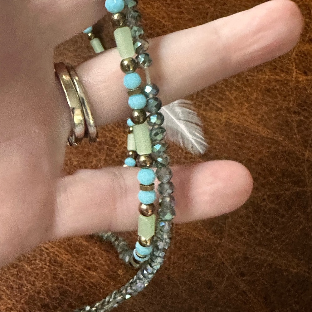 Beaded Feather Pendant Necklace with Turquoise, green and gold Beads - Picture 3 of 7